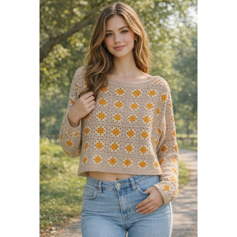 INDUSTRY Women's Tan Crochet‎ Granny Square Cropped Sweater Top SZ Small Petite